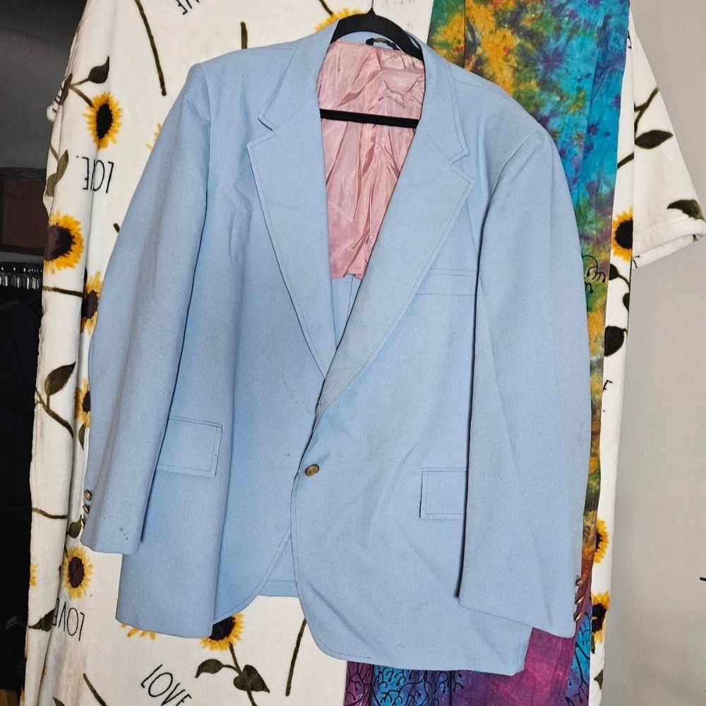 King Size Vintage Teal Blazer. Pinkinsides. Stained front and insides. *Worn*